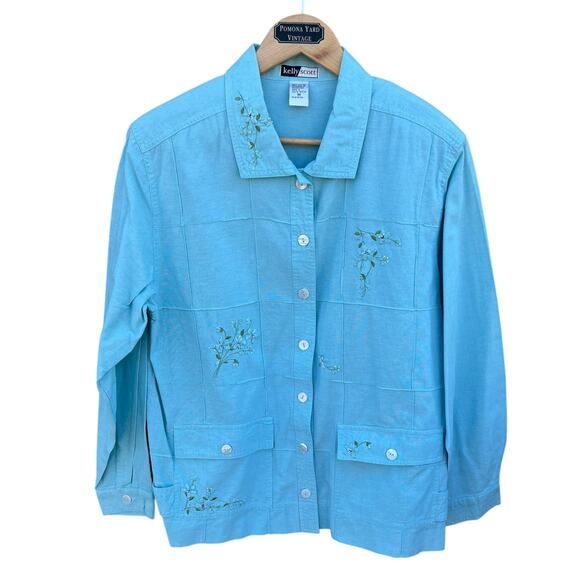 Kelly Scott Women's Vintage Shacket Flower Embroidered Teal Blue Size Medium NEW - Picture 1 of 8